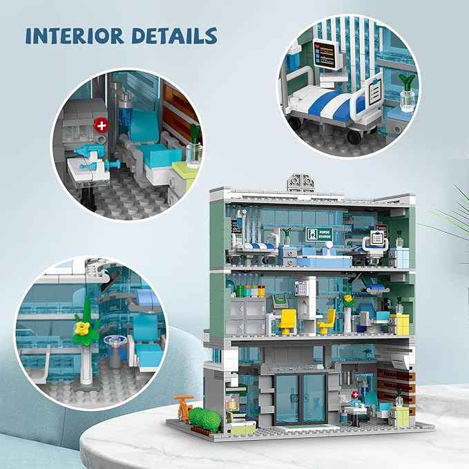 City Hospital Toy Building Set with LED Lighting, Compatible with Lego, Modular Three-Story Architecture Set for Adults, Gift Idea for Kids Ages 10 and Up (1350 Pieces)
