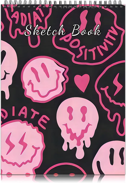 Cabreche Cute Sketchbook Top Spiral Bound Sketch Pad 9 x 12 inch,100GSM Thick Paper 50 Sheets 100 Pages,Art Sketch Book Aesthetic Writing Drawing Paper for Girls Women Face-Black Pink