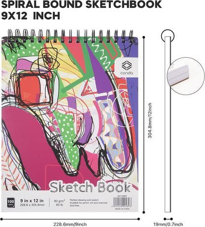 CONDA 9 x 12 Inch Sketchbook, Top Spiral Bound Sketch Pad, 100 Sheets (60 lb/90 GSM), Durable Acid-Free Sketch Paper, Drawing and Sketching Paper for Kids Adult Beginners - Crafty Corner