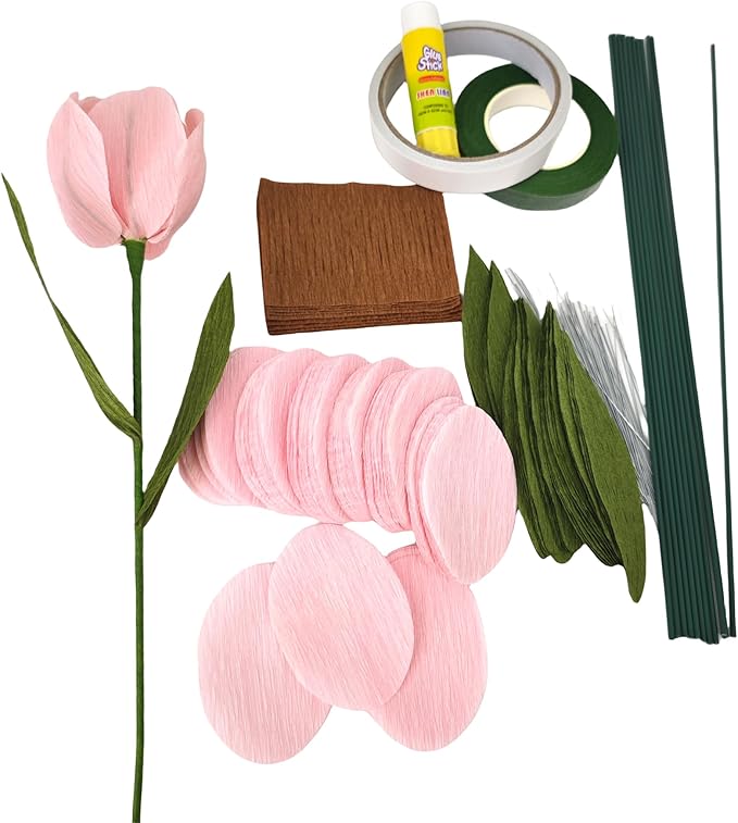 Mybbshower Pink Crepe Paper Tulip for Home Decor DIY Kit with Floral Tape & 12 Wire Stems DIY Craft Projects Crepe Paper Flower
