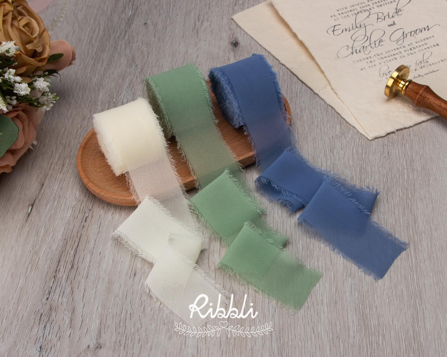Ribbli Chiffon 1.5 Inch x 30 Yard Handmade Silk Ribbon - Ivory/Sage Green/Dusty Blue Fringe for Wedding Invitations, Bridal Bouquets, Wrapping, Flower Arrangement Decoration - Crafty Corner