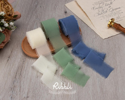 Ribbli Chiffon 1.5 Inch x 30 Yard Handmade Silk Ribbon - Ivory/Sage Green/Dusty Blue Fringe for Wedding Invitations, Bridal Bouquets, Wrapping, Flower Arrangement Decoration - Crafty Corner