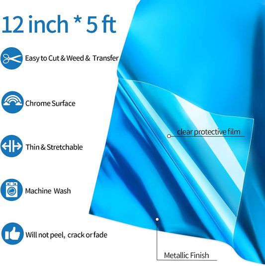 VINYL FROG Metallic Foil HTV Vinyl Roll 12" x5ft Blue Heat Transfer Vinyl Chrome Iron on Vinyl Easy to Cut & Weed DIY Heat Press Design for T-Shirts