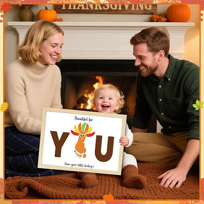 Thanksgiving Turkey Footprint Art Craft DIY Kit Brown Fall Thanksgiving DIY Gifts Thankful for You Little Turkey Footprint Keepsake with Wood Frame for Mom Dad Friend Holiday Activities 12x16 Inch