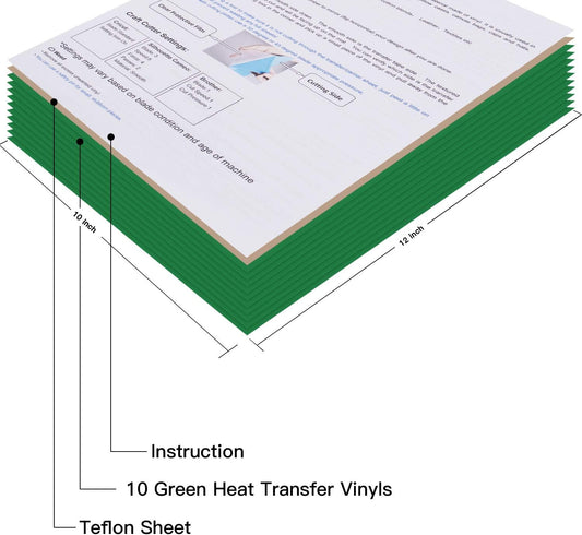 JANDJPACKAGING Green Heat Transfer Vinyl Bundle: 10 Pack 12"x10" Sheets, HTV Vinyl Sheets for Cricut & Silhouette Cameo or Home Iron On Vinyl T-Shirts & Fabrics