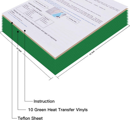 JANDJPACKAGING Green Heat Transfer Vinyl Bundle: 10 Pack 12"x10" Sheets, HTV Vinyl Sheets for Cricut & Silhouette Cameo or Home Iron On Vinyl T-Shirts & Fabrics