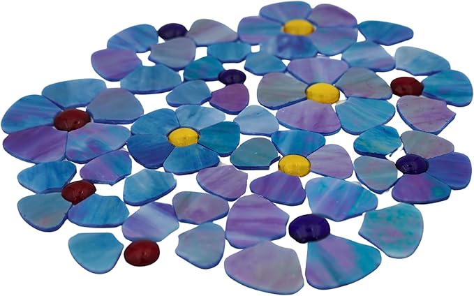Yuvori Iridescent Flower Mosaic Tiles – 12pcs Mixed Sizes, 5-Petal Iridescent Mica Flowers with Center Beads for DIY Mosaic Art, Fairy Garden, Home Craft, Outdoor Decor (Iridescent Royal Blue)