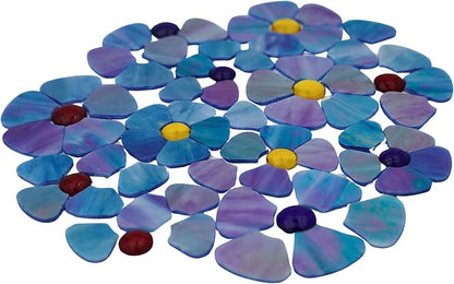 Yuvori Iridescent Flower Mosaic Tiles – 12pcs Mixed Sizes, 5-Petal Iridescent Mica Flowers with Center Beads for DIY Mosaic Art, Fairy Garden, Home Craft, Outdoor Decor (Iridescent Royal Blue)