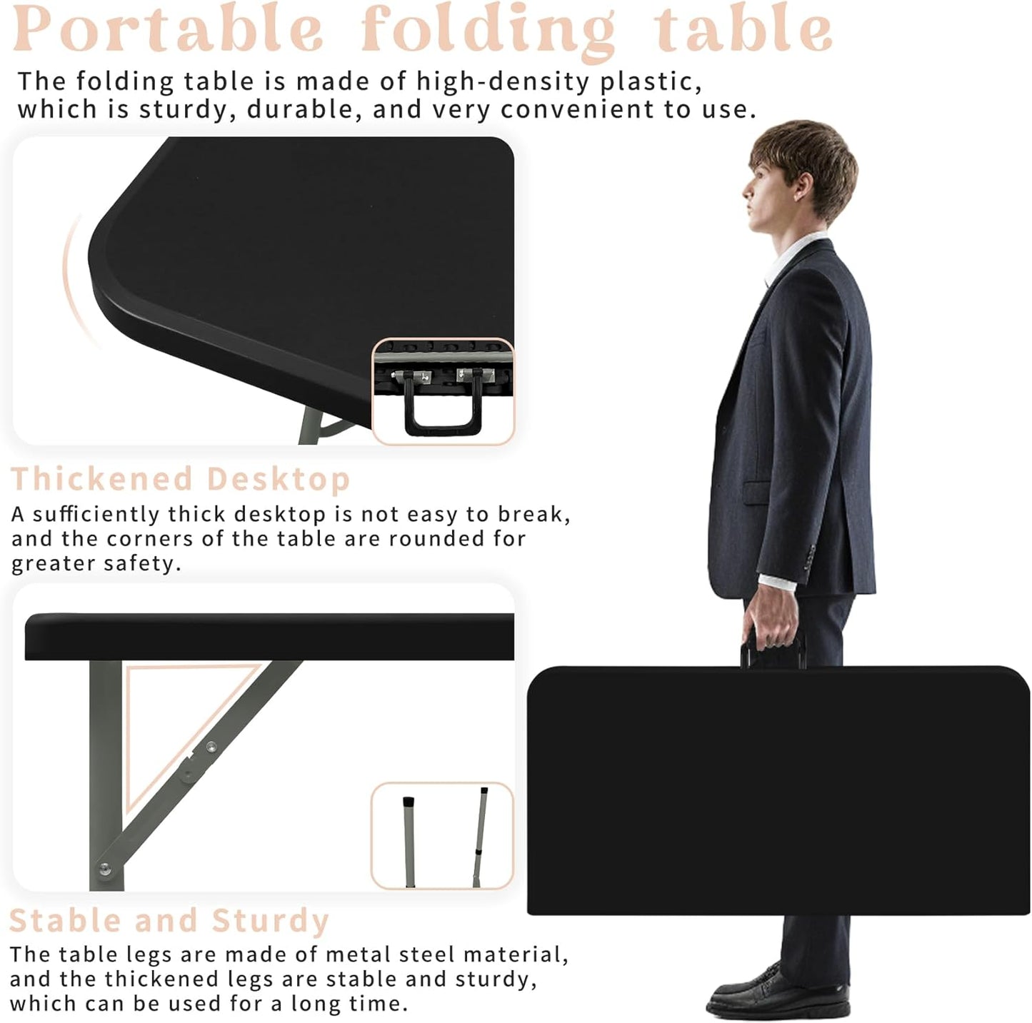 Set of 2 Square Folding Table 34in Multi-Functional Portable Folding Card Table with Carrying Handle for Indoor Outdoor Camping,Picnic, Office, Party Use HDPE Plastic Tabletop with Metal Frame(Black)