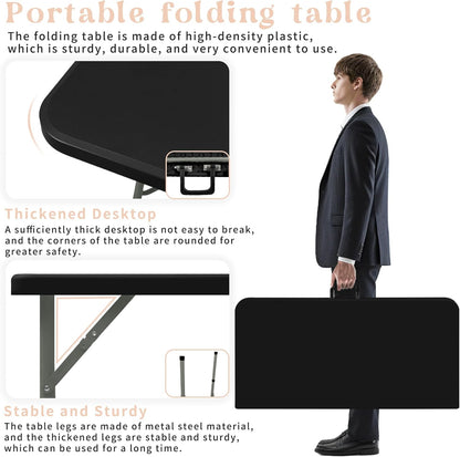 Set of 2 Square Folding Table 34in Multi-Functional Portable Folding Card Table with Carrying Handle for Indoor Outdoor Camping,Picnic, Office, Party Use HDPE Plastic Tabletop with Metal Frame(Black)