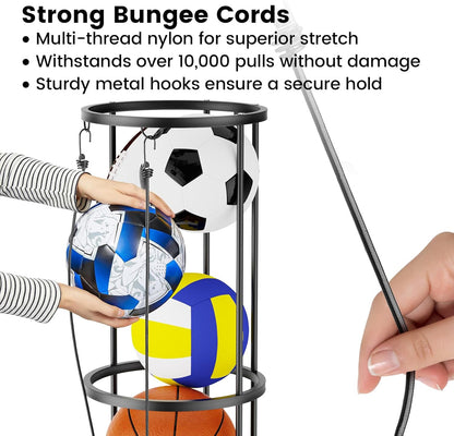 Garage Ball Storage Rack – Freestanding & Wall Mounted Sports Organizer with Elastic Cords Holds 7 Balls – Space Saving Basketball Soccer Football Holder for Home Kids Room