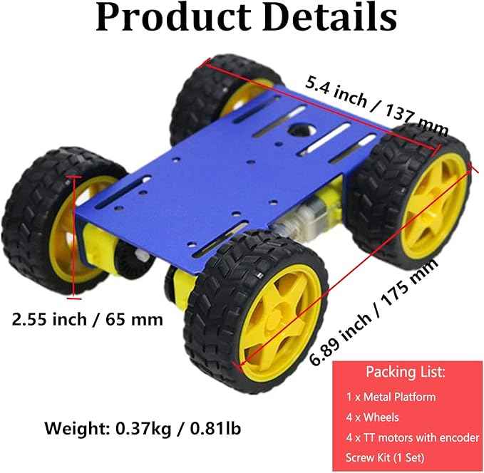 DIY Smart Robot Car Chassis Kit with Speed Encoder TT Motor, C101 4WD Leaf Texture Wheel Metal Panel Robotics Car Chassis Platform for Arduino/Raspberry Pie/Microbit, Eduational Teaching Kit (Blue)