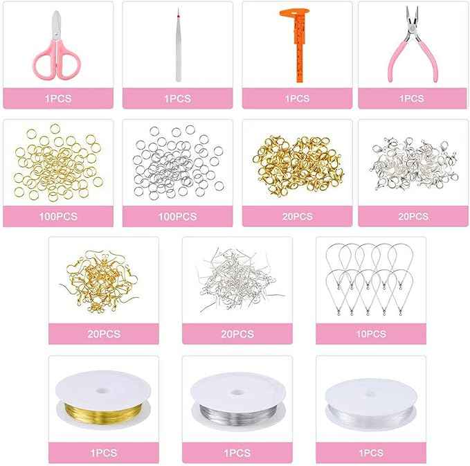 Dam Skerisi Jewelry Making Bead Kit, DIY Beads Set with Lobster Clasp and Scissors, Acrylic Jewelry Beads for Bracelet Necklace Earrings Crafting, Includes Storage Box and Multiple Acce