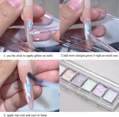 Iridescent Nail Glitter Set, 6 Colors Mud Texture Aurora Chrome Powder, Pink Blue Pearlescent Glitter, Chameleon Nail Flakes Gold Leaf, Holographic Manicure Decor