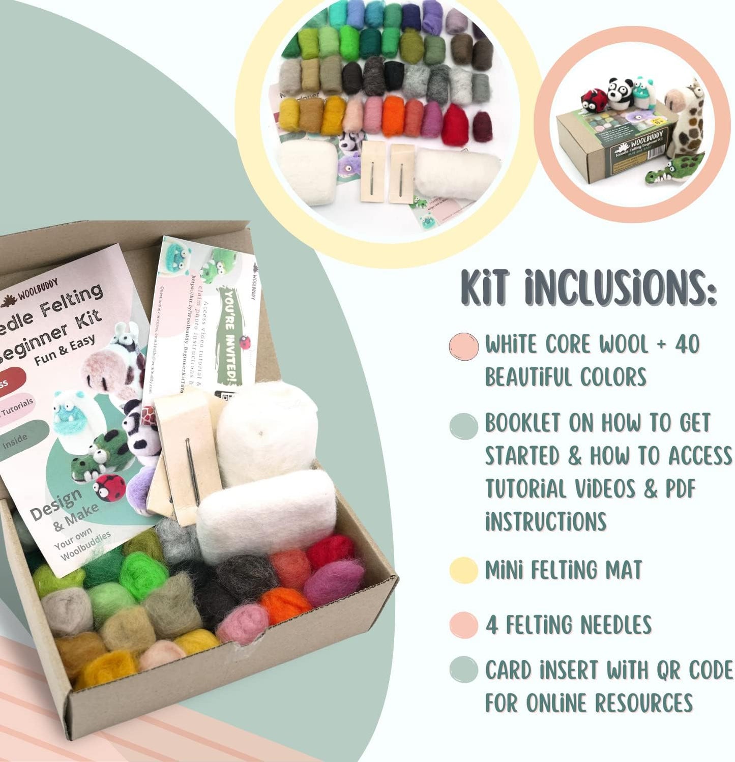 Woolbuddy 𝗡𝗲𝗲𝗱𝗹𝗲 𝗙𝗲𝗹𝘁𝗶𝗻𝗴 𝗦𝘁𝗮𝗿𝘁𝗲𝗿 𝗞𝗶𝘁 𝗳𝗼𝗿 𝗔𝗱𝘂𝗹𝘁𝘀 & 𝗞𝗶𝗱𝘀 – 40 Wool Colors, Core Wool, Felting Supplies, 4 Needles, Pad & Guide – DIY Animal Craft Kit for Creatives