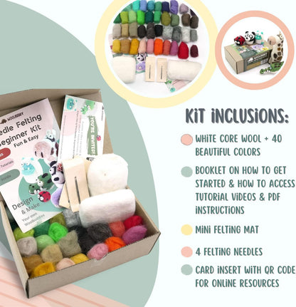 Woolbuddy 𝗡𝗲𝗲𝗱𝗹𝗲 𝗙𝗲𝗹𝘁𝗶𝗻𝗴 𝗦𝘁𝗮𝗿𝘁𝗲𝗿 𝗞𝗶𝘁 𝗳𝗼𝗿 𝗔𝗱𝘂𝗹𝘁𝘀 & 𝗞𝗶𝗱𝘀 – 40 Wool Colors, Core Wool, Felting Supplies, 4 Needles, Pad & Guide – DIY Animal Craft Kit for Creatives
