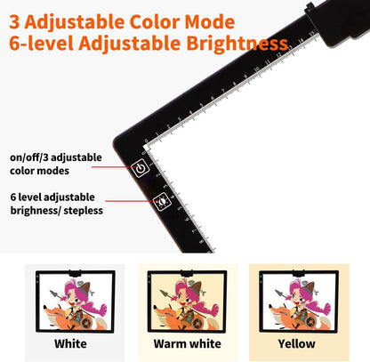 Wireless Rechargeable A3 LED Light Pad w/Built-in Foldable Stand, 3 Color Tone, 6 Levels of Brightness, Battery Powered Evenly Illuminated Light Box for Tracing Drawing and Diamond Painting