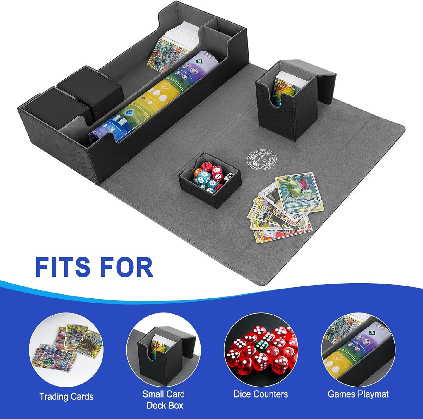 Card Deck Box,X-Large Premium Trading Card Storage Case with Mat and Dice Compartment,Magnetic Game Deck Display Case Compatible with MTG/TCG/Yugioh/Magic/Commander(Black＆Grey)
