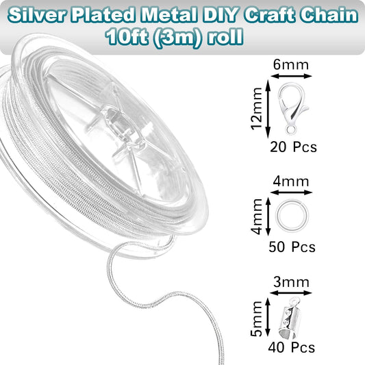 Jishi 33ft Silver Snake Chain 1.2mm Jewelry Making Chains for Necklace Bracelet DIY Jewelry Supplies Findings - Silver Plated Round Snake Cable Chain Link Roll w/Lobster Clasps, Cord Ends & Jump Rings