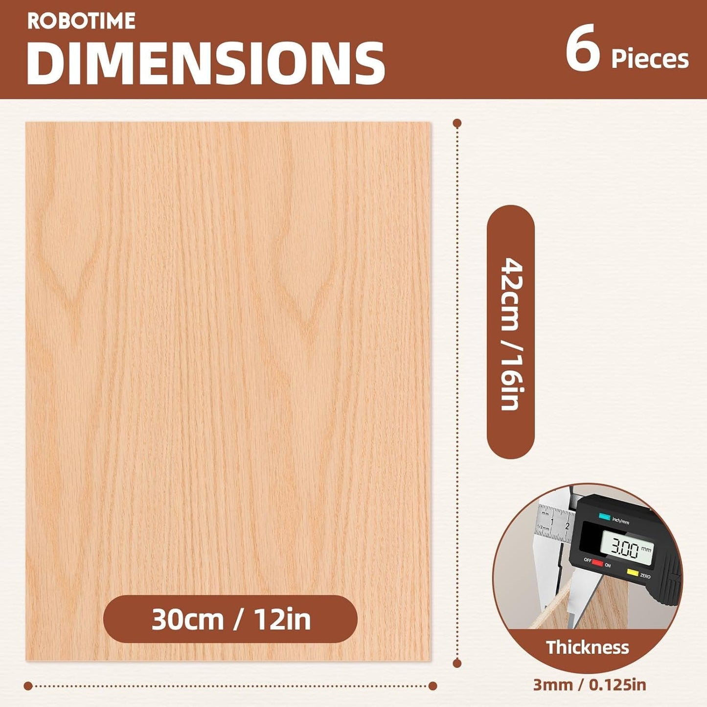 ROBOTIME 6-Pack Laser Wood Sheets 1/8" - 12 x 16 x 1/8 Inch - Oak - 3mm Plywood for Laser Cutting, Laser Engraving Blanks