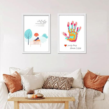 Family Handprint Kit DIY Craft Keepsake Wooden Frame Non Toxic Paints Transparent Sheets Perfect for Handprints Prints and Footprints Endless Present Set for New Parents and Family Memories (White)