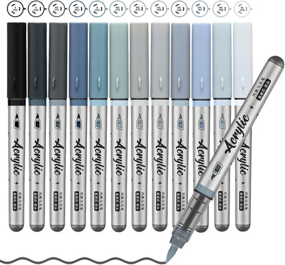 Grey Acrylic Paint Pens,12 Color Paint Pens Markers,Brush Tip Paint Pens for Rock Painting Wood Glass Ceramic Canvas Stone DIY Crafts Making Art Supplies