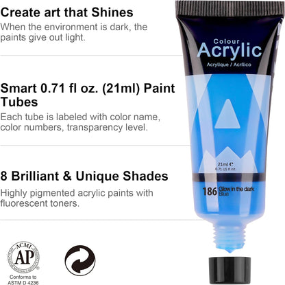 AUREUO Glow in the Dark Acrylic Paint, 8 Colors x 0.71 Fl Oz / 21ml Neon UV Black Light Paints for Easter Rocks, Wood, Craft, Canvas, Paint Party Supplies