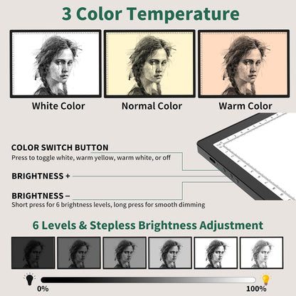 HIUKCOLED A3 Built-in Tilt Stand Light Tracing Box with Carry Bag, 3 Colors/Stepless Dimmable/6-level Brightness Adjustable, Battery Powered LED Light Board for Drawing,Diamond Painting,Sketching