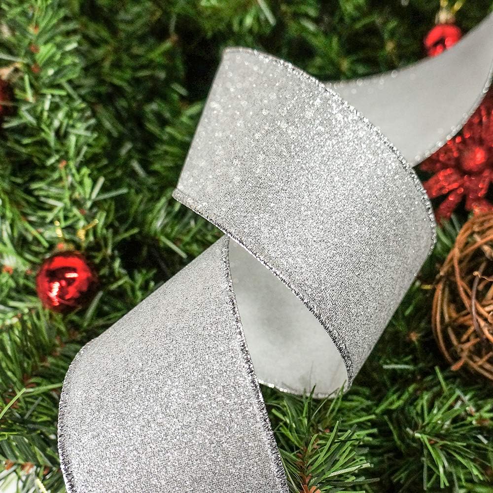 CT CRAFT LLC Glitter Wired Ribbon 2.5" x 10 Yards Silver for Christmas Home Decor Bow Gift Wrapping DIY Crafts Wreath - Crafty Corner