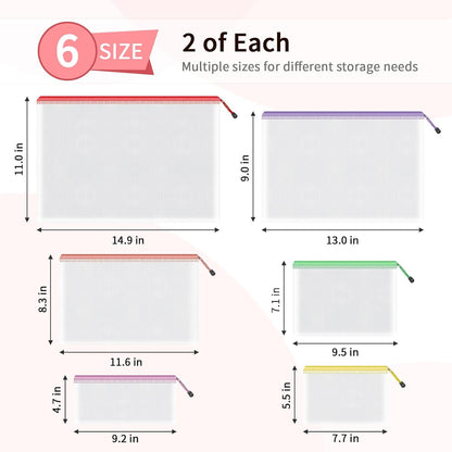 Umriox Zipper Bags, 6 Assorted Size (6 Colors, 12 Packs), Project Bags for Cross Stitch, Mesh Zipper Pouch for Office Supplies Travel Accessories and Board Games Storage