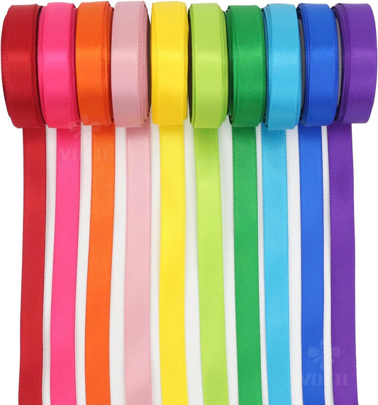 MEEDEE Rainbow Ribbon Solid Color Assortment 10 Colors Double Face Satin Ribbon for Gift Wrapping Happy Birthday Party Decorations, 3/8" X 5 Yard Each Total 50 Yds Per Package - Crafty Corner