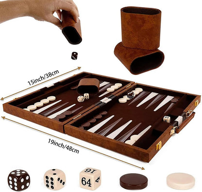 15inch Backgammon Set Classic Folding Board with Leather Case, Portable Travel Game, Ideal Gift Package for Strategy Lovers
