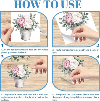 GLOBLELAND 4 Sheets Pink and White Flowers Transfer 11.8x5.9inch Peony Wreath Rub on Transfer Self-Adhesive Wall Art Decals for Farm Bedroom Living Room Desk Table Decoration