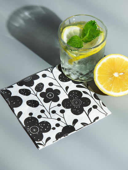 80 pack Designer Cocktail Beverage Napkins, 3-Ply 5x5-inches Disposable Decorative Fall Winter Guest Floral Black White Flower Napkin for Wedding Birthday Anniversary Party Baby Shower