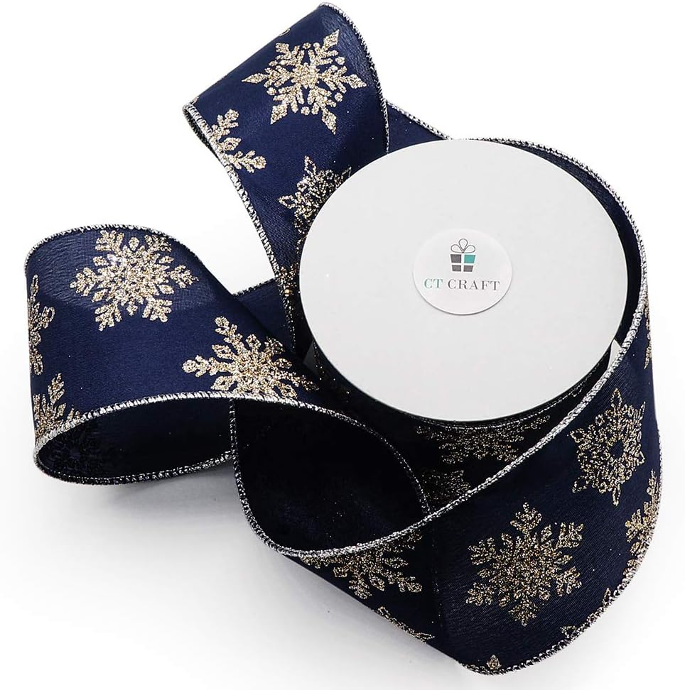 CT CRAFT LLC Navy Satin Gold Snowflake Wired Ribbon 2.5 Inch x 10 Yards for Christmas Home Decor Tree Topper Bow Gift Wrapping DIY Crafts Wreath Garland - Crafty Corner
