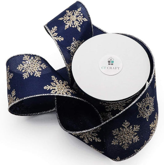 CT CRAFT LLC Navy Satin Gold Snowflake Wired Ribbon 2.5 Inch x 10 Yards for Christmas Home Decor Tree Topper Bow Gift Wrapping DIY Crafts Wreath Garland - Crafty Corner