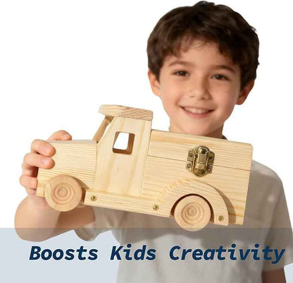 Easy Playhouse: Wood Building Toy Kit - DIY 3 Vehicle Projects: Helicopter, Truck & Excavator, 12 Paint Colors & 2 Brushes, Arts & Craft Set, Kids 8+