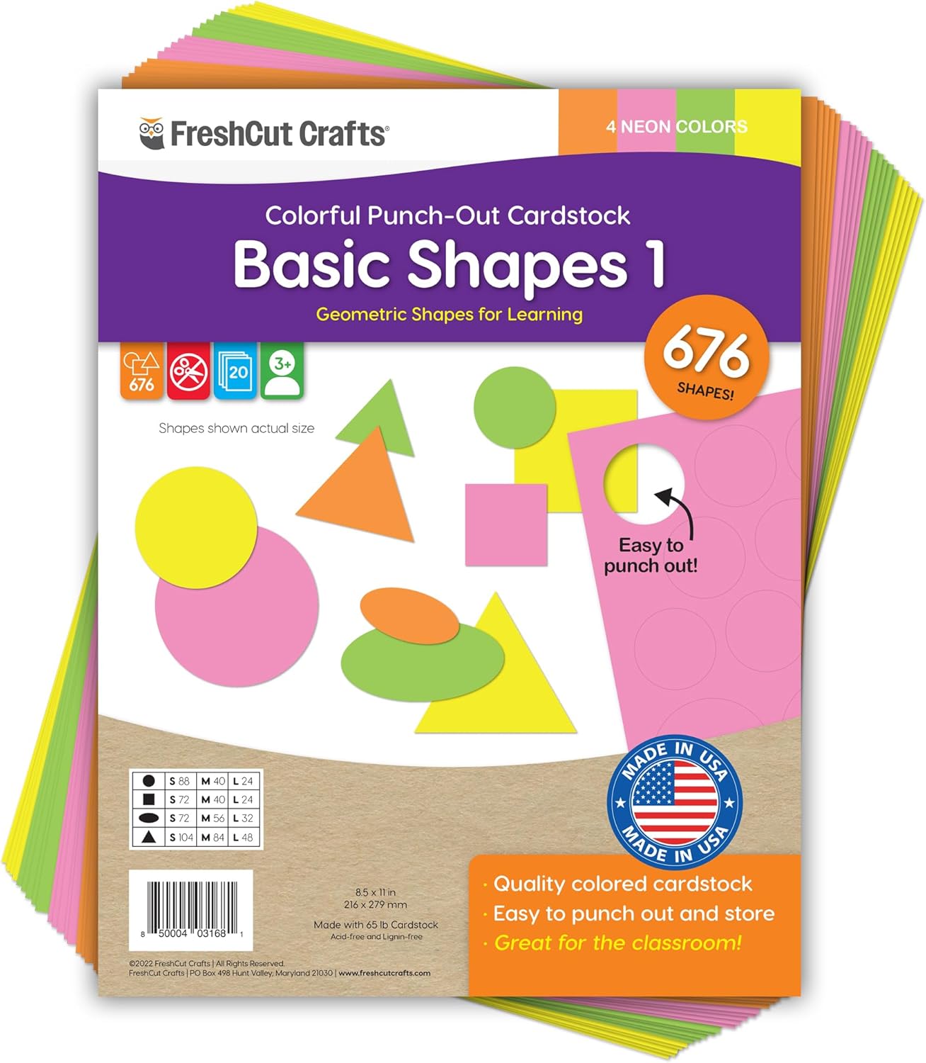 Basic Shapes 1: Circles, Triangles, Squares, Ovals, 676 Pieces US Made Card Stock Punch Out Geometric Shapes in 3 Sizes and 4 NEON Colors for Math, Pattern Play and DIY Crafting - Crafty Corner