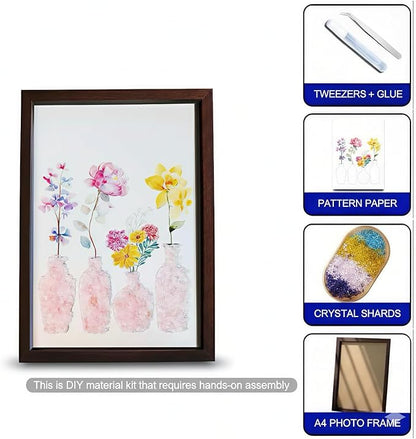 Boohyjtong DIY Rose Quartz Crystal Art Kit - Natural Pink Gemstone Mosaic Wall Decor, Framed Floral Vase Craft for Adults, Healing Love Stone Gift for Her, Wedding & Home Decor (Includes A4 Frame)