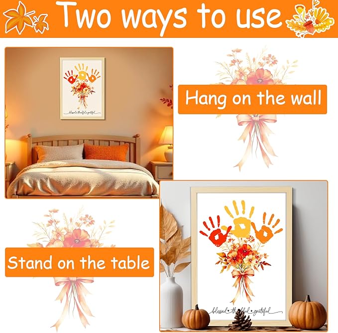 Fall Thanksgiving Flower Bouquet Handprint Art Craft DIY Kit Thanksgiving Day DIY Gifts Fall Thankful Family Handprint Art Keepsake with Wood Frame for Mom Dad Friend Holiday Birthday 12x16 Inch