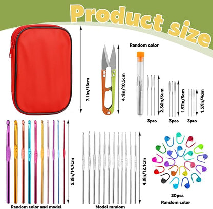 IMZAY 54 Pcs Crochet Hooks Set, 0.6mm-6.5mm Crochet Needles, Crochet Hooks Kit with Storage Case, Ergonomic Knitting Needles Stitch Marker Hand Craft Knitting Accessories for Beginners (Red)
