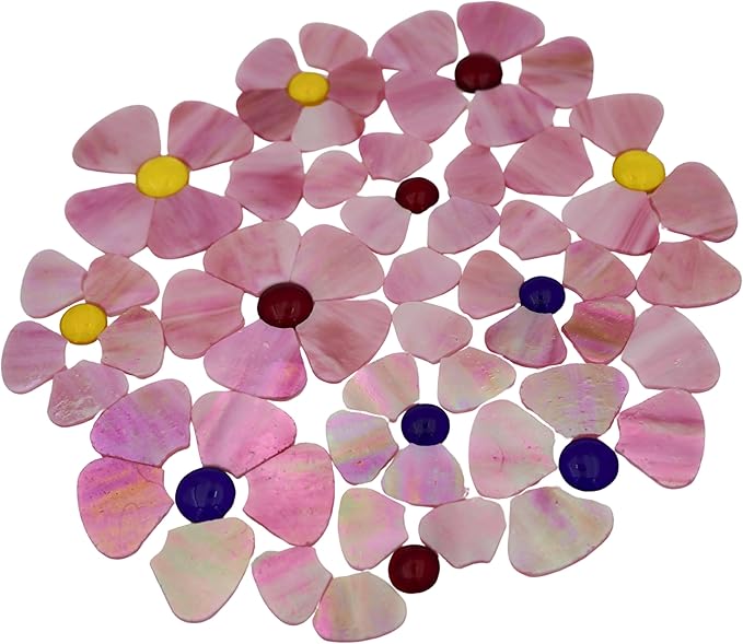 Yuvori Iridescent Flower Mosaic Tiles – 12pcs Mixed Sizes, 5-Petal Iridescent Mica Flowers with Center Beads for DIY Mosaic Art, Fairy Garden, Home Craft, Outdoor Decor (Iridescent Pink)