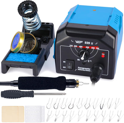 WEP 939-II Pyrography Station Wood Burning Kit 32-IN-1 with 20 Wood Burner Tips Comfort Pen with 2 Letter Number Stencils, 2 Unfinished Wood, 1 Pen Holder Woodburning Tools - Crafty Corner