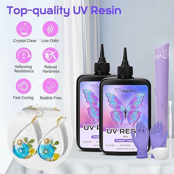 500g UV Resin kit -Crystal Clear, Hard Premixed UV Epoxy Resina para Manualidades Fast Curing with Silicone Mat for Beginners Jewelry Making, DIY Crafts Art, Casting Coating 250g x 2