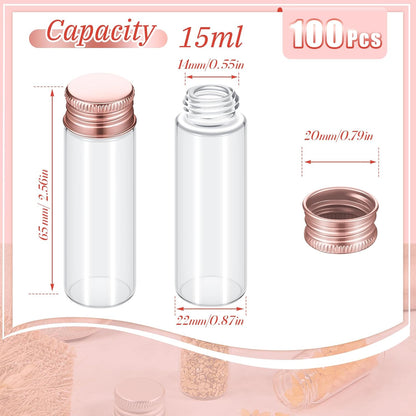 100 Pcs Small Clear Vials Spice Mini Jars with Lids Mini Glass Bottles with Screw Aluminum Metal Caps Tiny Jars Sample Containers for Powder Cream Cosmetic Jewelry Wedding (15 ml,Rose Gold)