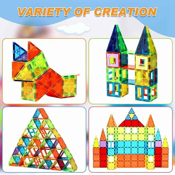 32-Pack Magnetic Tiles–Rainbow Builder Set, 2.95in STEM Construction Kit with Transparent Windows, Expand Creative Play for Kids