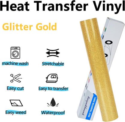 guangyintong Glitter Gold Heat Transfer Vinyl HTV Rolls, 12" x 8ft Iron on Vinyl for T-Shirts Glitter Gold HTV Vinyl for All Cutter Machines Easy to Cut & Weed for Heat Vinyl Design