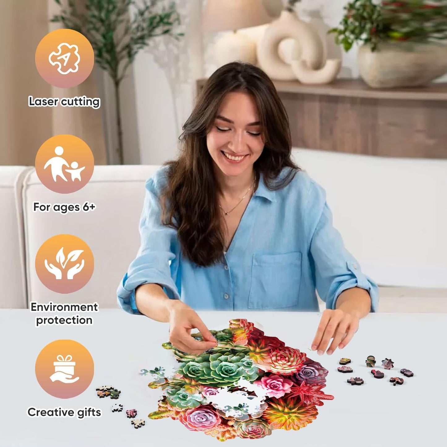 Wooden Puzzles for Adults, Colorful Succulent Puzzle for Mom, Challenging Puzzle, 200 Piece Luxurious Shaped Wooden Puzzles for Family Game 11.3 * 10.5in