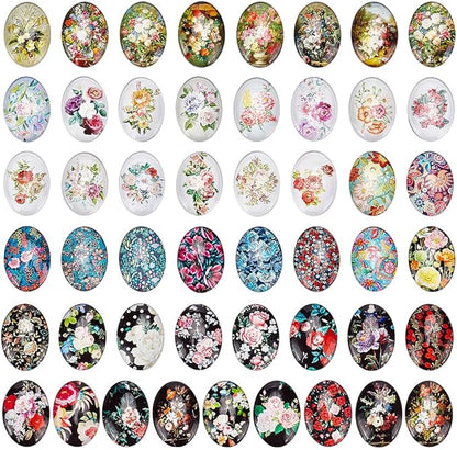 PH PandaHall 50pcs Oval Glass Cabochons, 25x18mm Flower Printed Glass Cabochons Vintage Mixed Color Mosaic Tile for Craft Photo Pendant Earring Necklace Keychain Jewelry Making