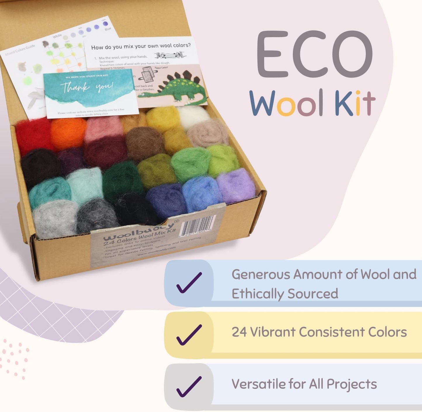 Woolbuddy Wool Roving Kit – 24 Assorted Corriedale Colors with Felting Guide – Clean, Carded Core Wool for Needle & Wet Felting – Craft Supplies for All Levels